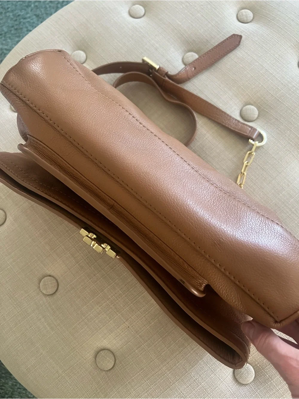 Tory Burch Cognac Fold over Amanda  Tan Leather Shoulder Bag with Gold Hardware
